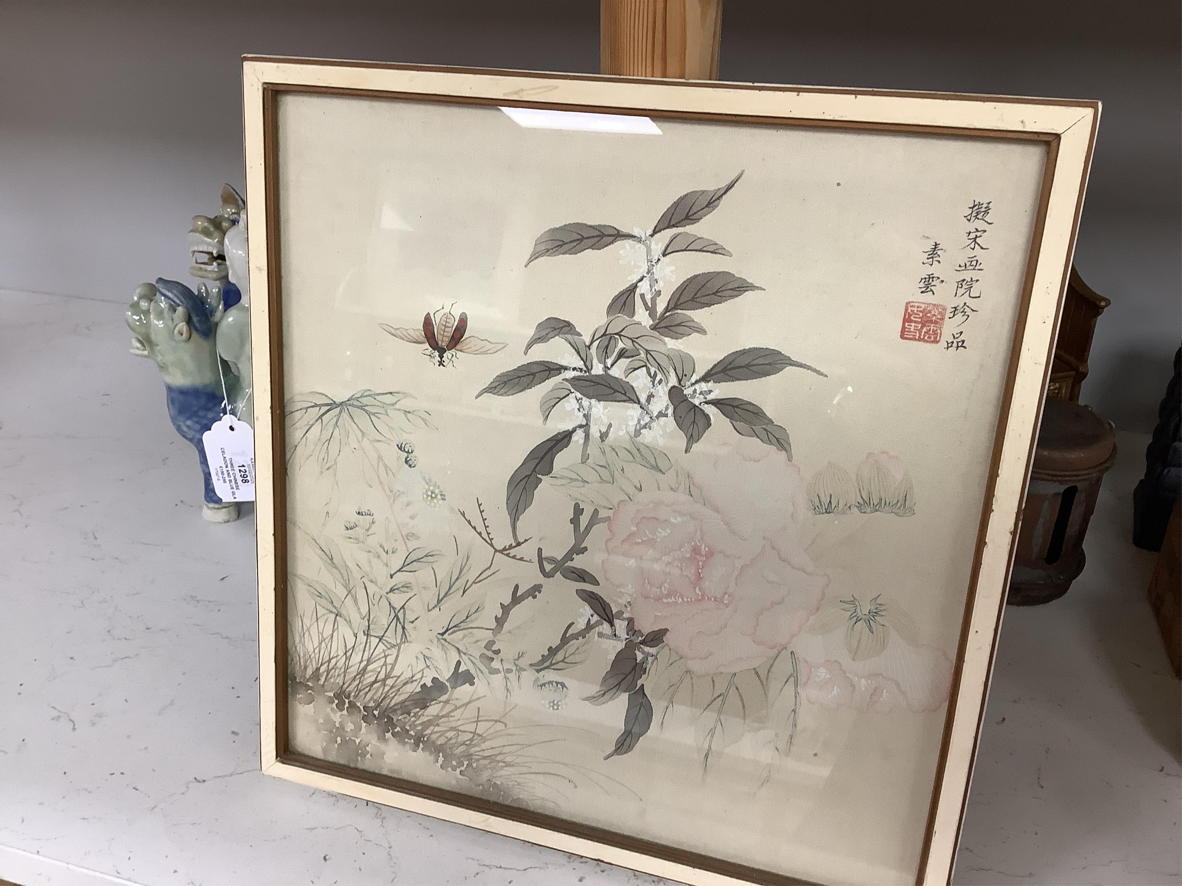 20th century, Japanese School, set of eight watercolours on silk, Flowers and insects, signed with character marks and red seal mark, 27 x 26cm. Condition - fair